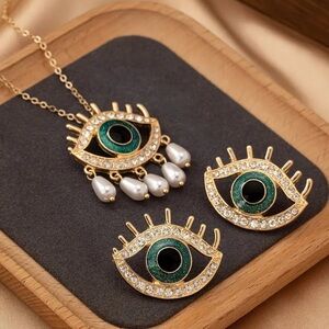 NEW! Evil Eye Jewelry Set. Pearl Pendant Necklace, Earrings Boho Luck Jewelry 👁️